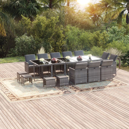 Set Pranzo da Giardino 15 pz con Cuscini in Polyrattan Grigio