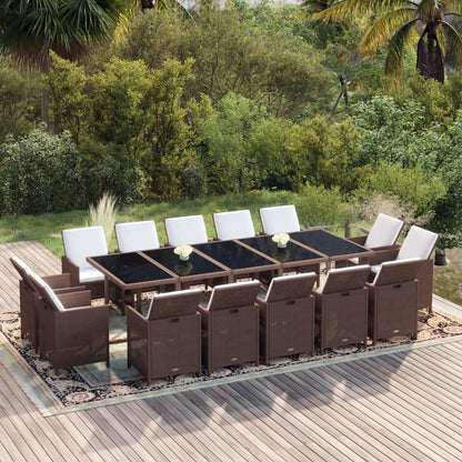 Set da Pranzo Giardino 15 pz con Cuscini in Polyrattan Marrone