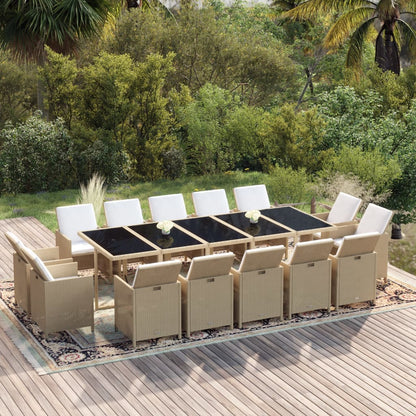 Set da Pranzo da Giardino 15 pz con Cuscini in Polyrattan Beige