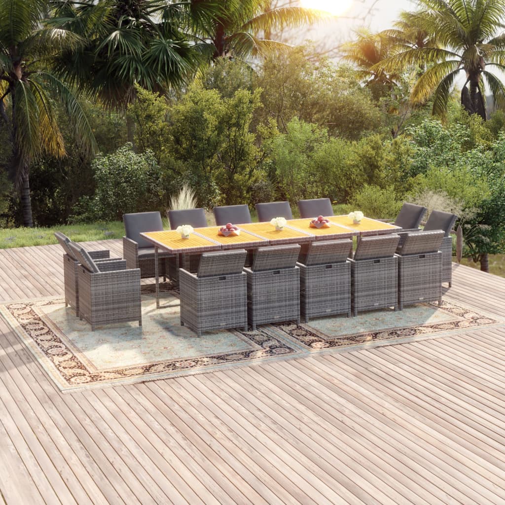 Set Pranzo da Giardino 15 pz con Cuscini in Polyrattan Grigio