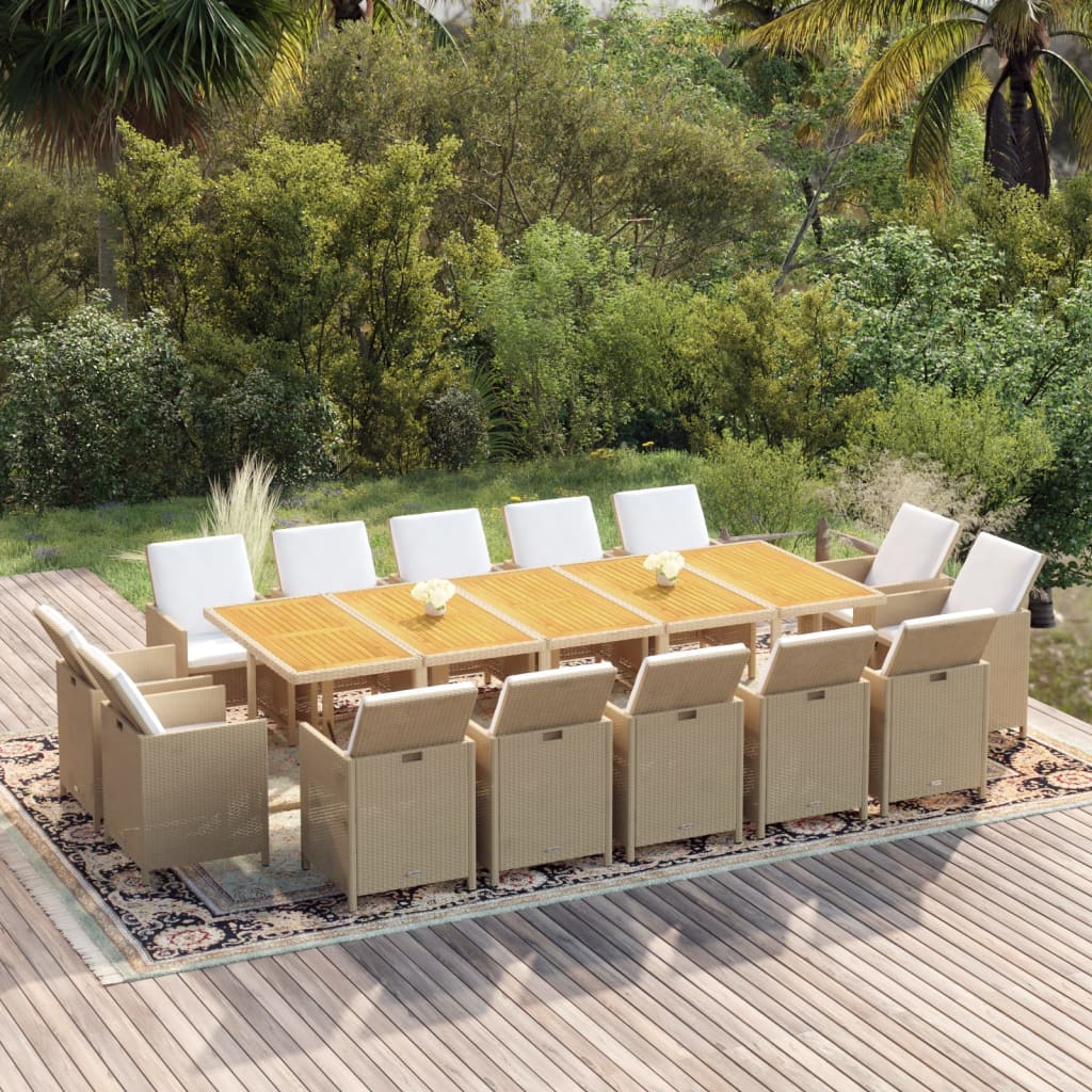Set da Pranzo da Giardino 15 pz con Cuscini in Polyrattan Beige
