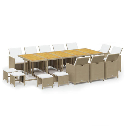 Set da Pranzo da Giardino 15 pz con Cuscini in Polyrattan Beige