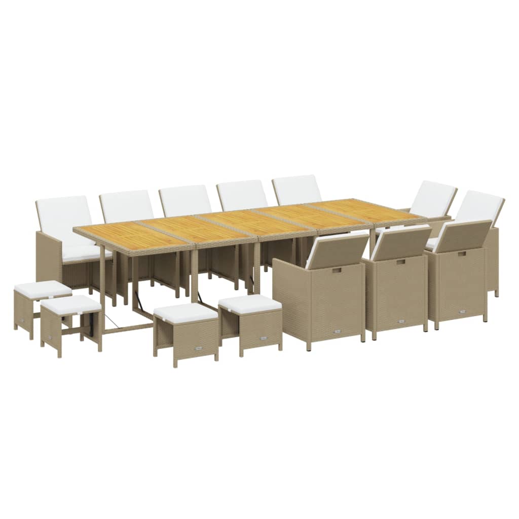 Set da Pranzo da Giardino 15 pz con Cuscini in Polyrattan Beige