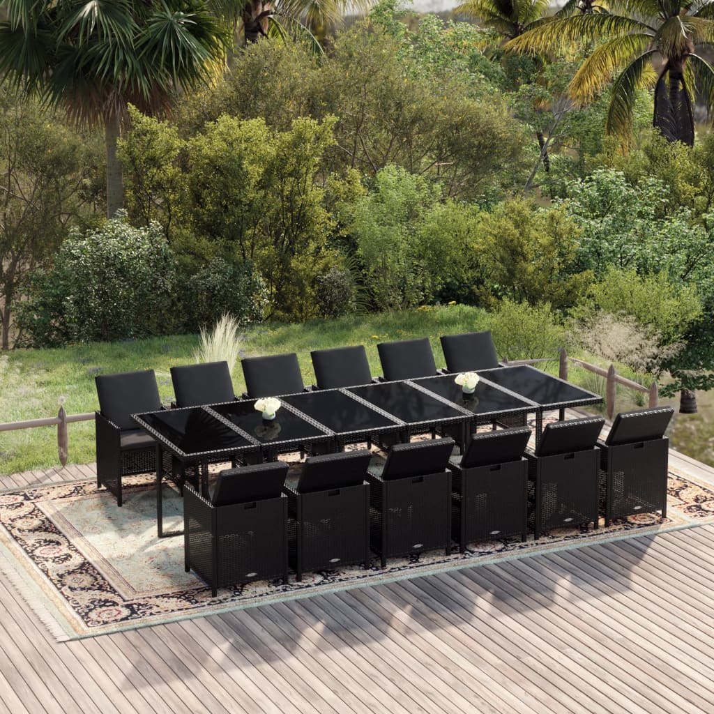 Set da Pranzo per Giardino 13 pz con Cuscini in Polyrattan Nero