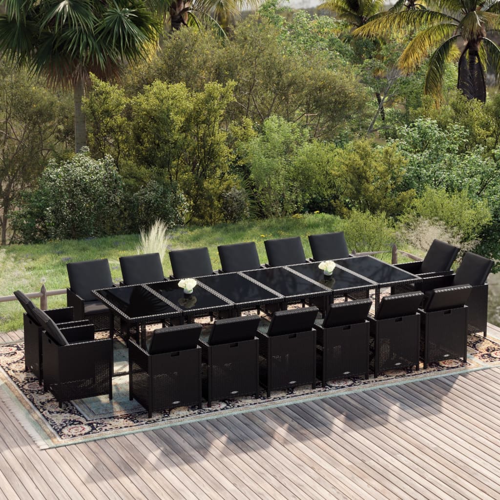 Set da Pranzo per Giardino 17 pz con Cuscini in Polyrattan Nero