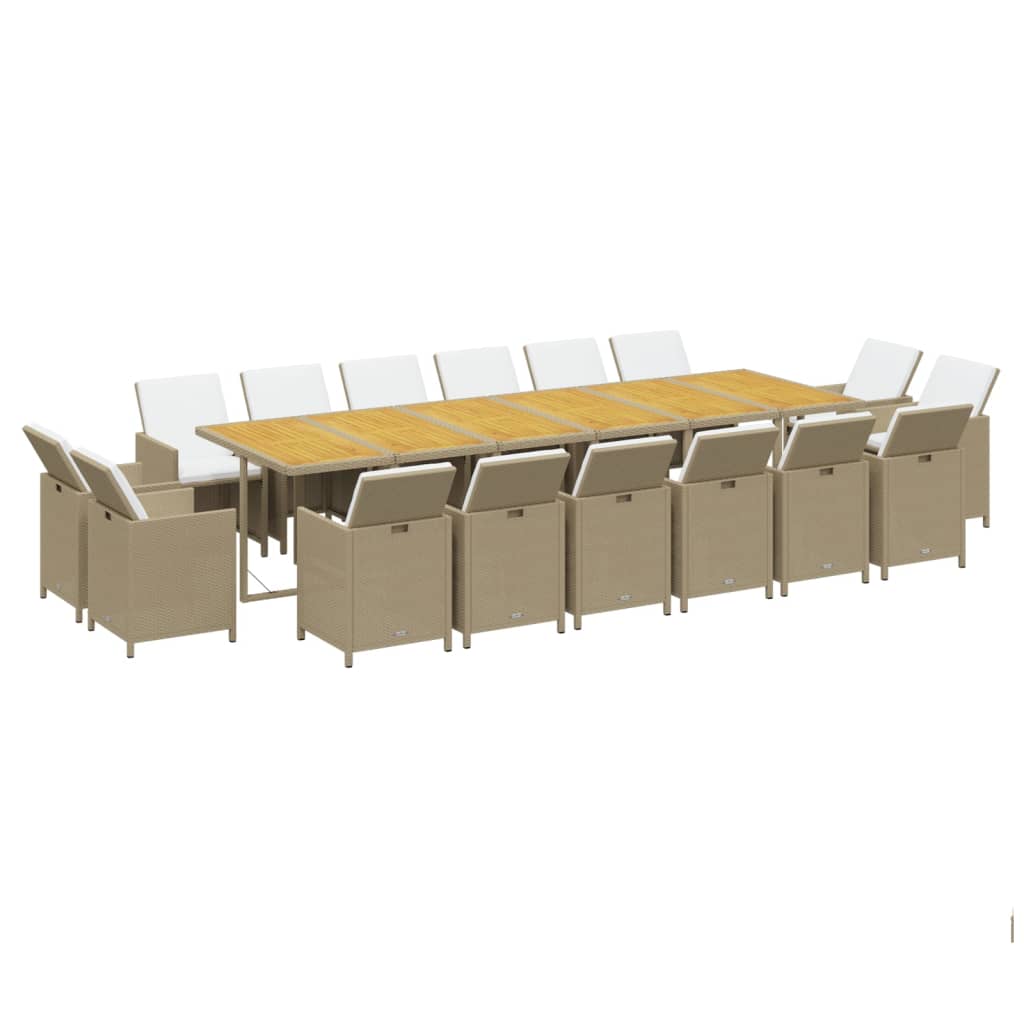 Set da Pranzo per Giardino 17pz con Cuscini in Polyrattan Beige