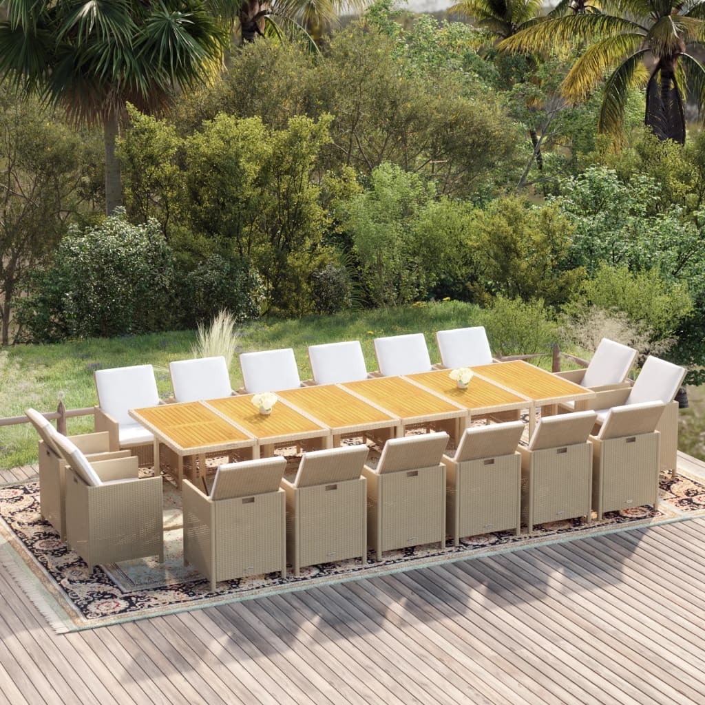 Set da Pranzo per Giardino 17pz con Cuscini in Polyrattan Beige