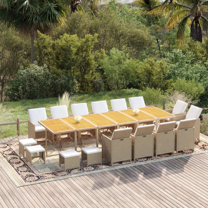 Set da Pranzo per Giardino 17pz con Cuscini in Polyrattan Beige