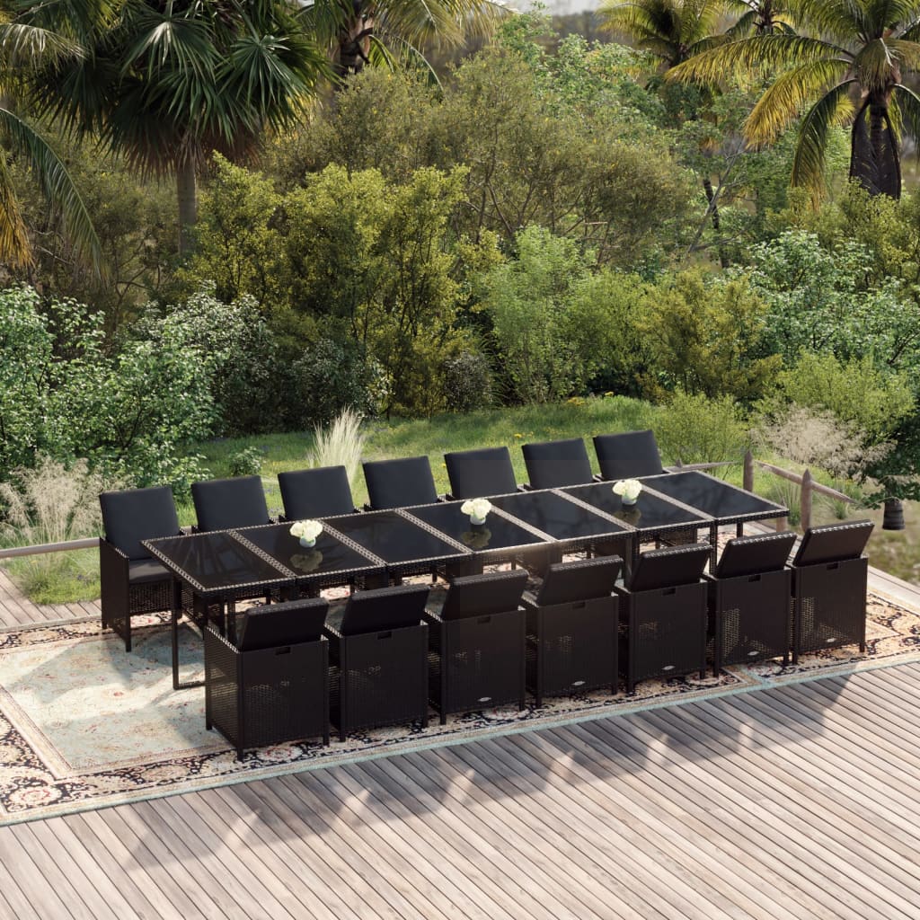Set Pranzo da Giardino 15 pz con Cuscini in Polyrattan Nero