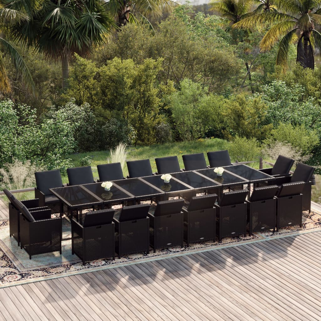 Set da Pranzo per Giardino 19 pz con Cuscini in Polyrattan Nero