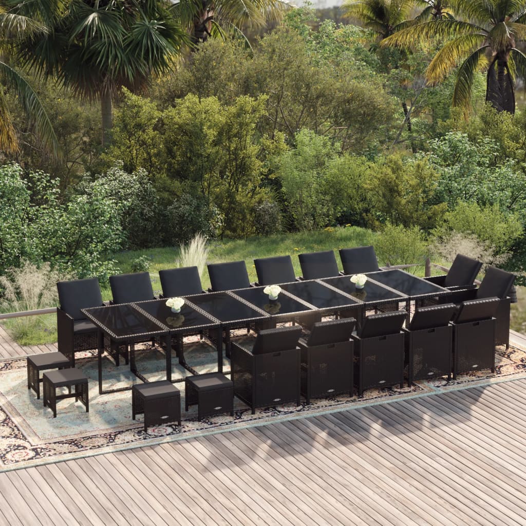 Set da Pranzo da Giardino 19 pz con Cuscini in Polyrattan Nero