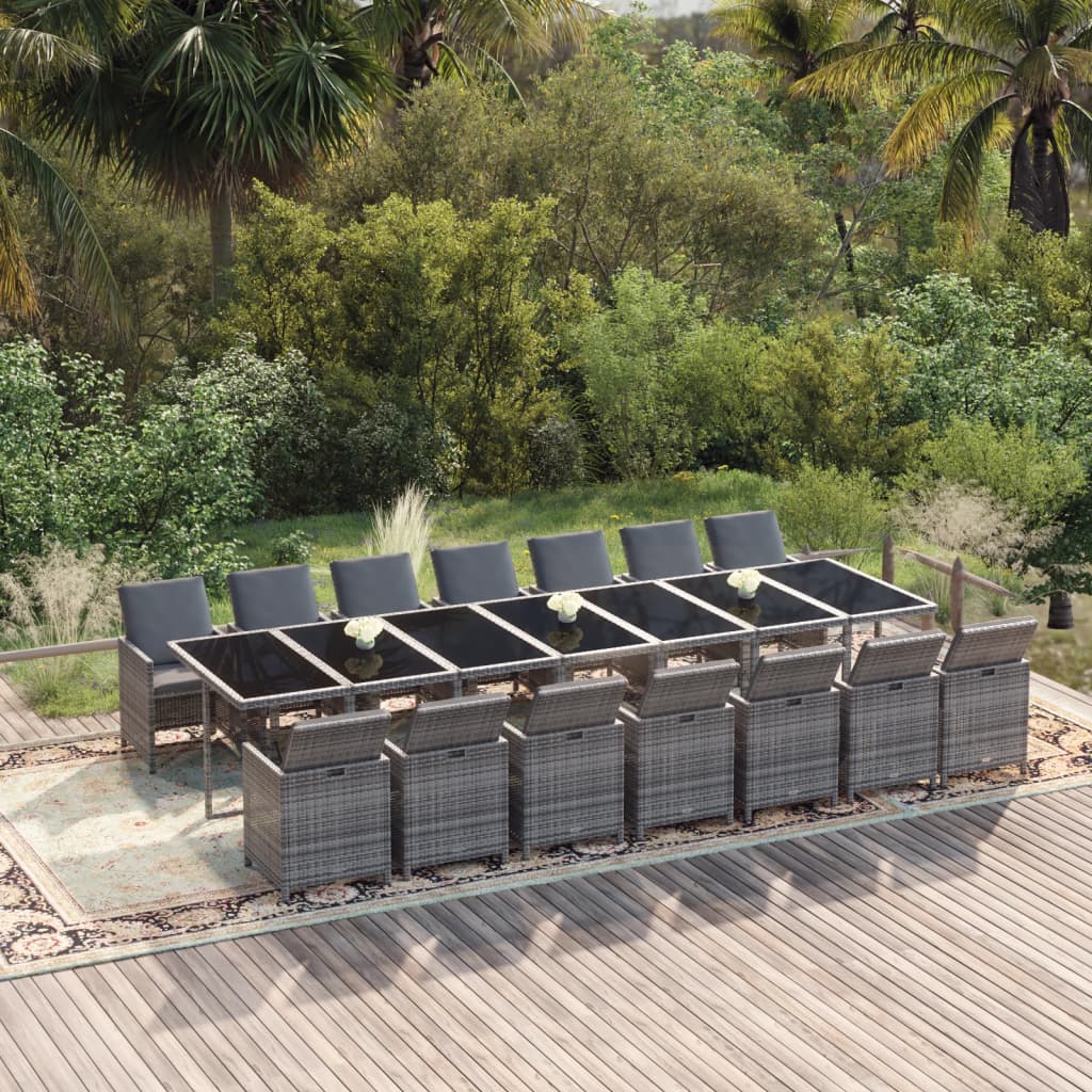 Set Pranzo da Giardino 15 pz con Cuscini in Polyrattan Grigio