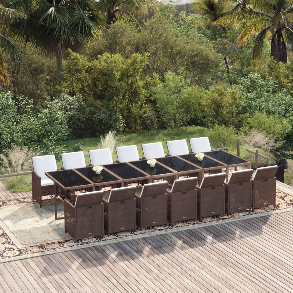 Set da Pranzo Giardino 15 pz con Cuscini in Polyrattan Marrone