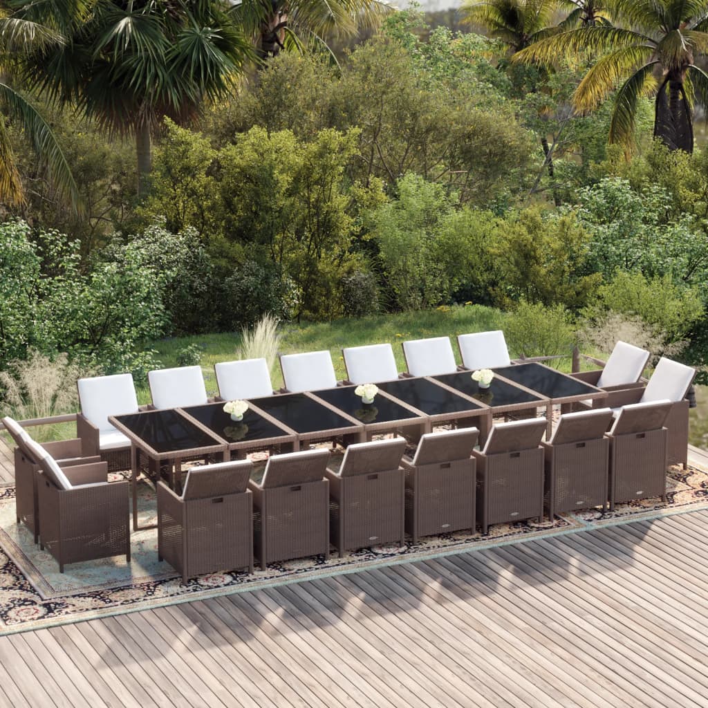 Set da Pranzo per Giardino 19 pz con Cuscini Polyrattan Marrone