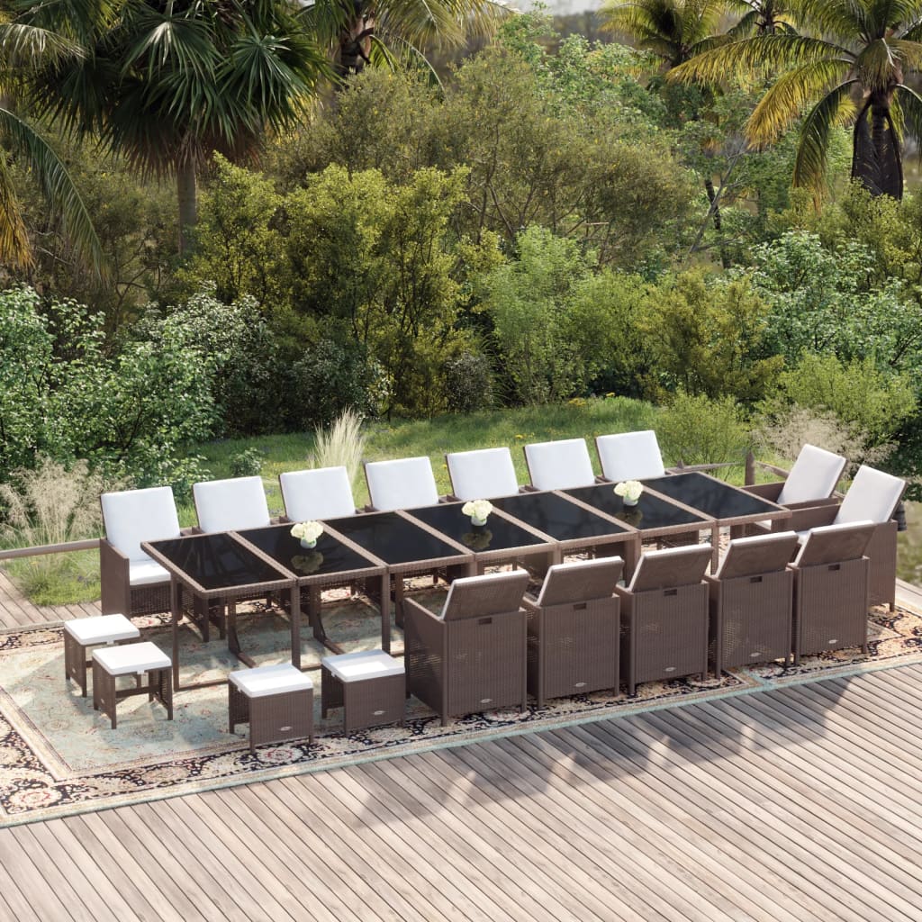 Set da Pranzo per Giardino 19 pz con Cuscini Polyrattan Marrone