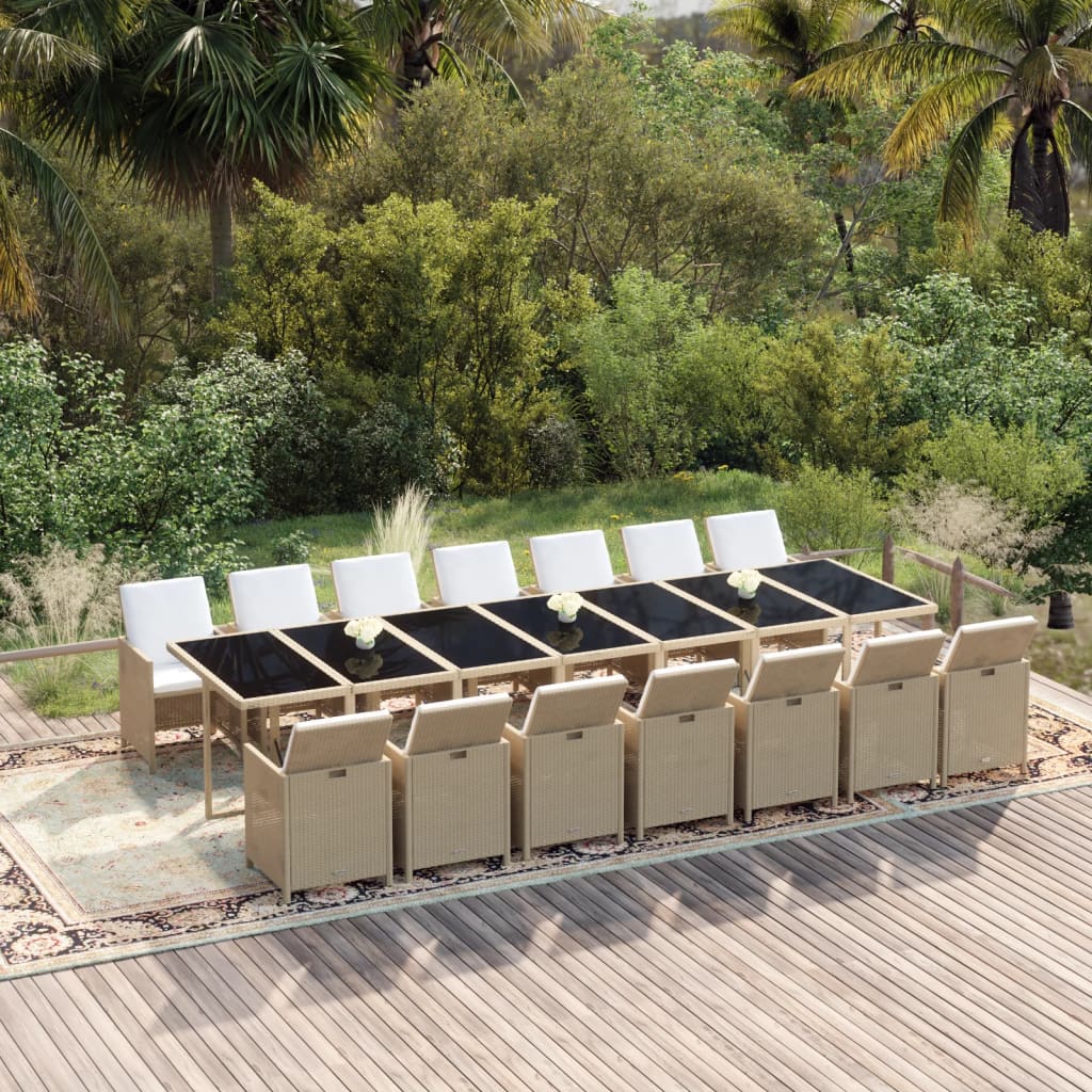 Set da Pranzo da Giardino 15 pz con Cuscini in Polyrattan Beige