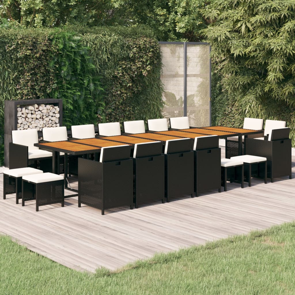 Set da Pranzo da Giardino 19 pz con Cuscini in Polyrattan Nero