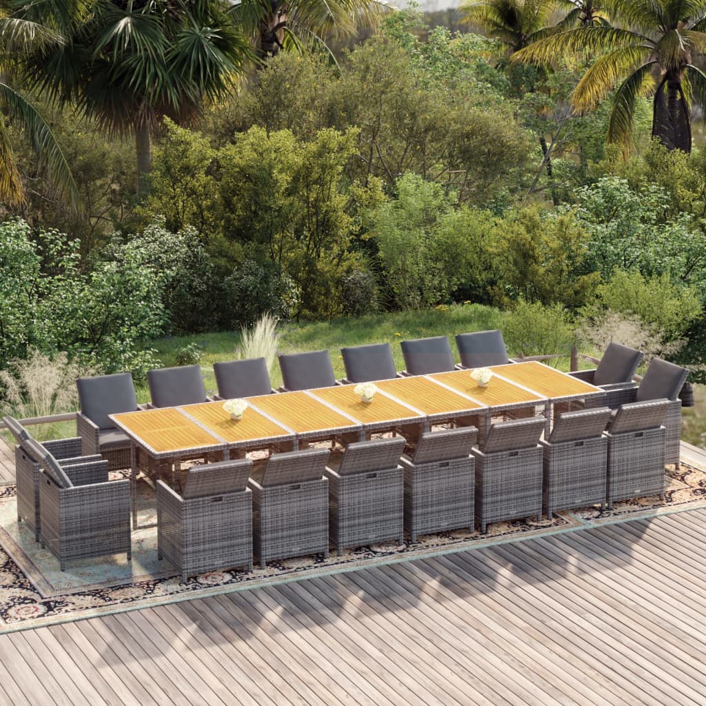 Set da Pranzo per Giardino 19 pz con Cuscini Polyrattan Grigio