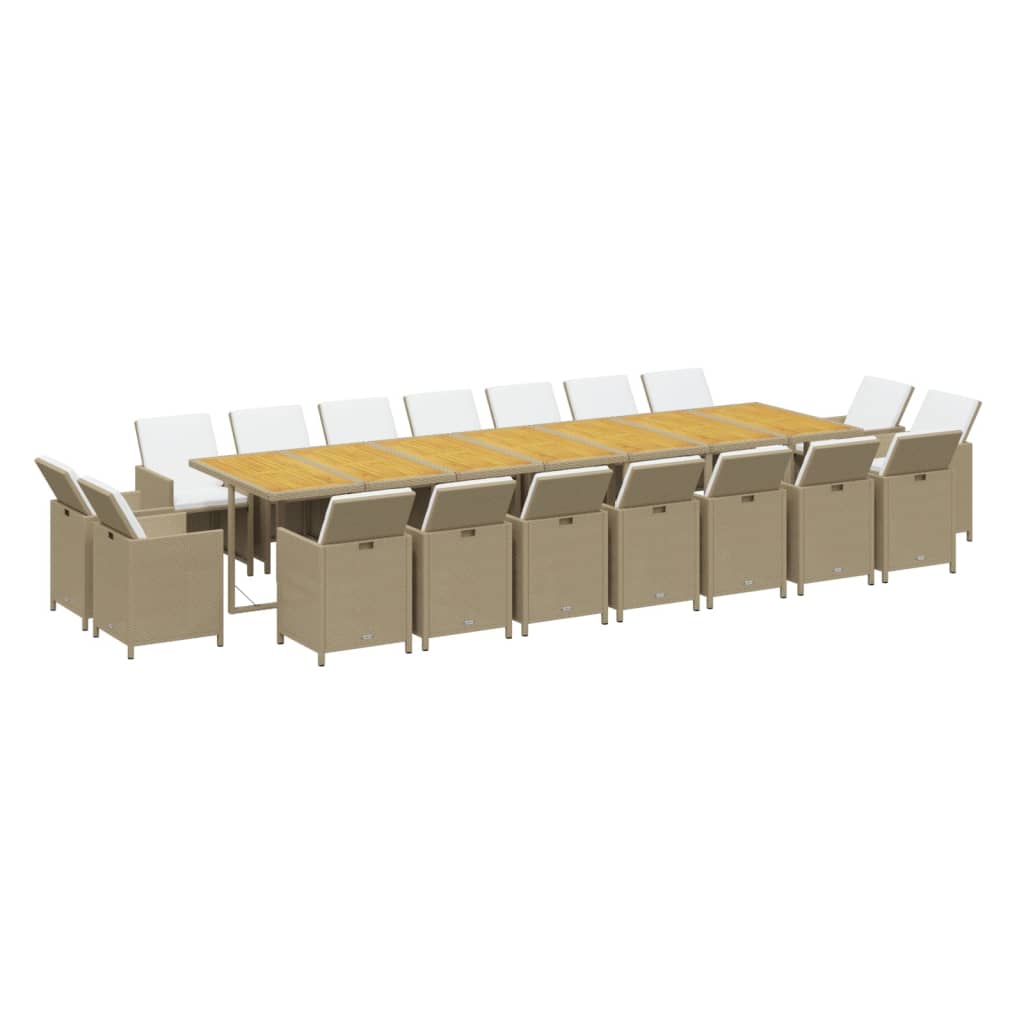 Set da Pranzo per Giardino 19pz con Cuscini in Polyrattan Beige