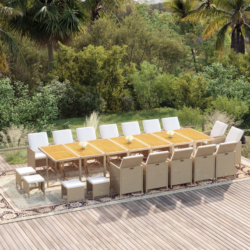 Set da Pranzo per Giardino 19 pz con Cuscini Polyrattan Beige