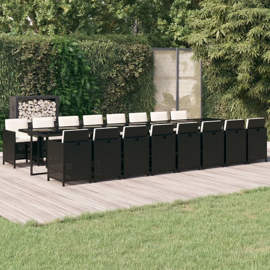 Set da Pranzo da Giardino 17 pz con Cuscini Nero in Polyrattan