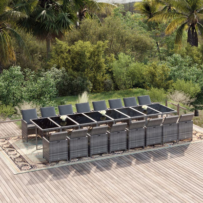 Set da Pranzo da Giardino 17pz con Cuscini Grigio in Polyrattan
