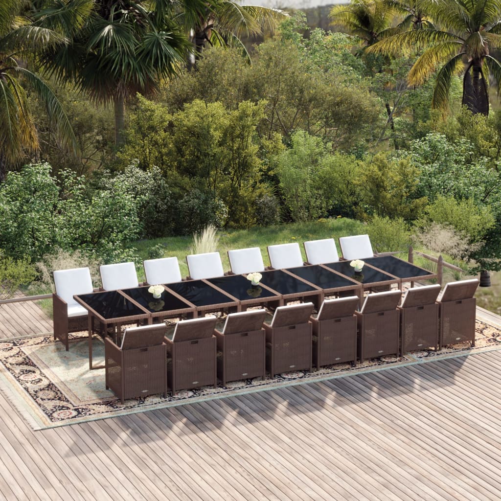 Set da Pranzo da Giardino 17 pz con Cuscini Marrone Polyrattan