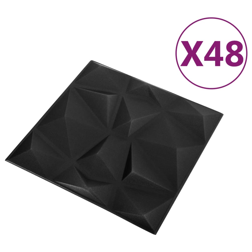 Pannelli Murali 3D 48 pz 50x50 cm Neri a Diamante 12 m²