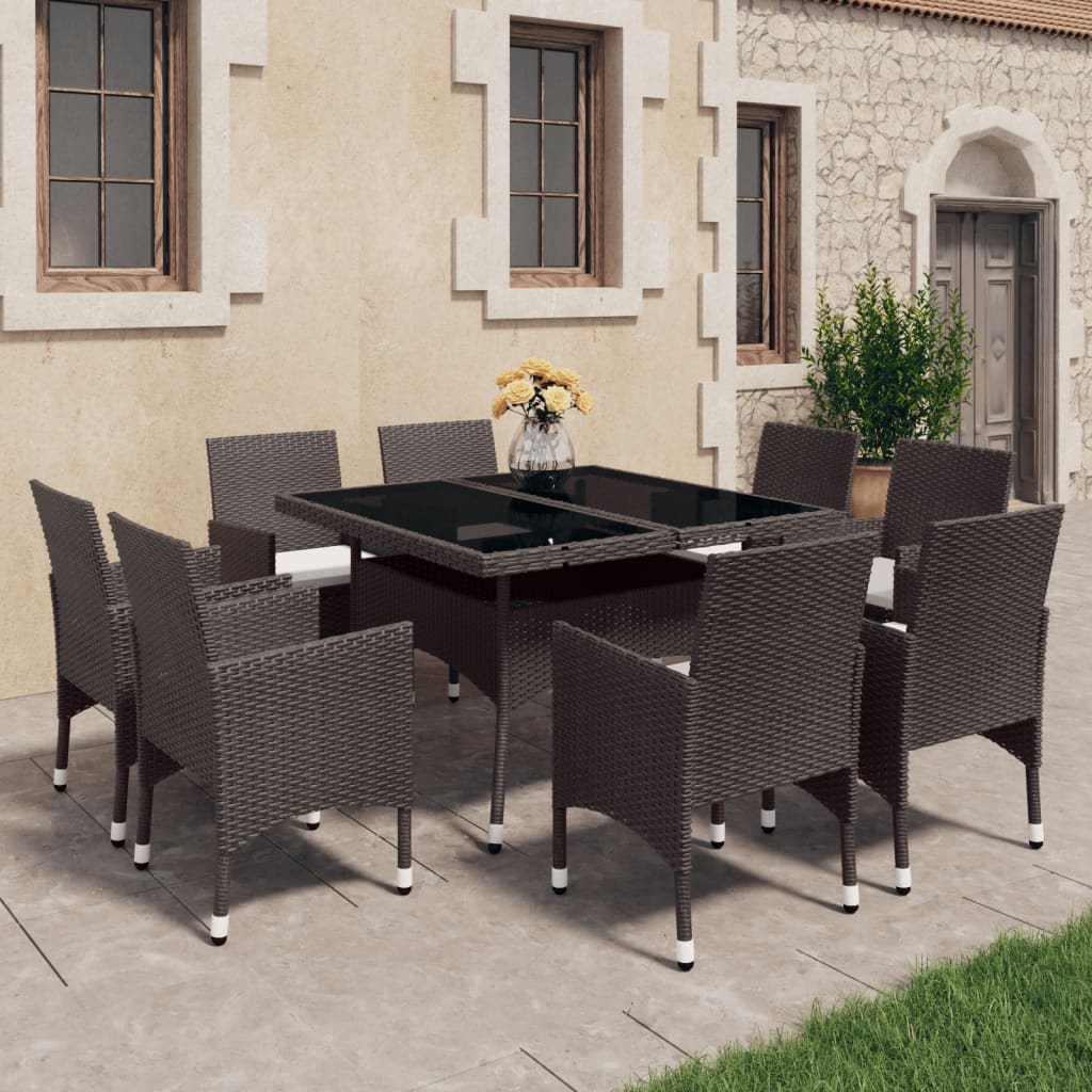 Set Pranzo da Giardino 9pz Polyrattan e Vetro Temperato Marrone