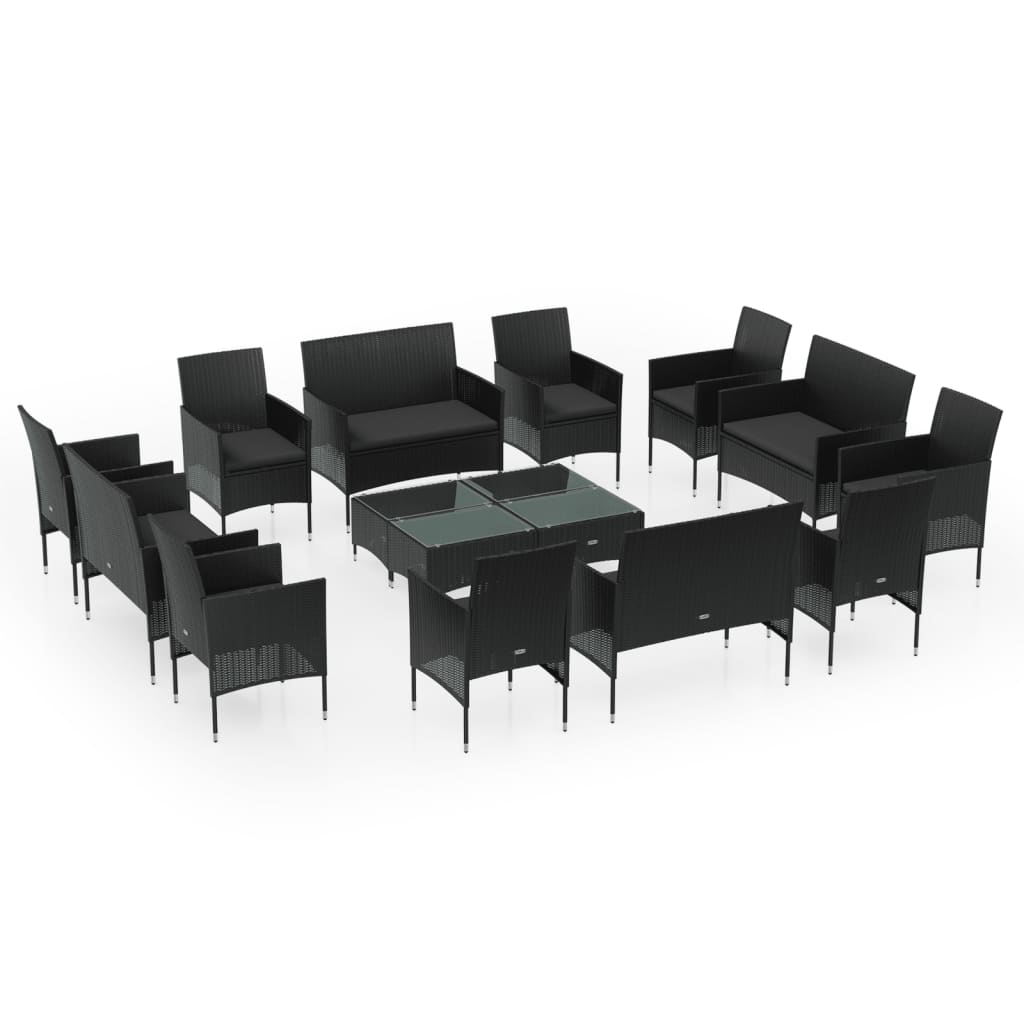 Set Divani da Giardino 16 pz con Cuscini in Polyrattan Nero