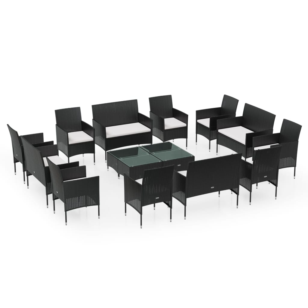 Set Divani da Giardino 16 pz con Cuscini in Polyrattan Nero