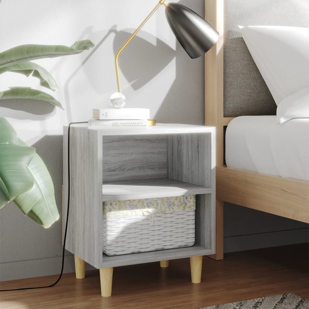Comodino con Gambe in Legno Massello Grigio Sonoma 40x30x50 cm