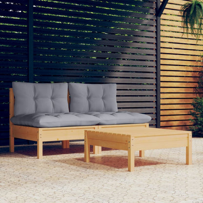 Set Divani da Giardino 3 pz con Cuscini Grigi Massello di Pino