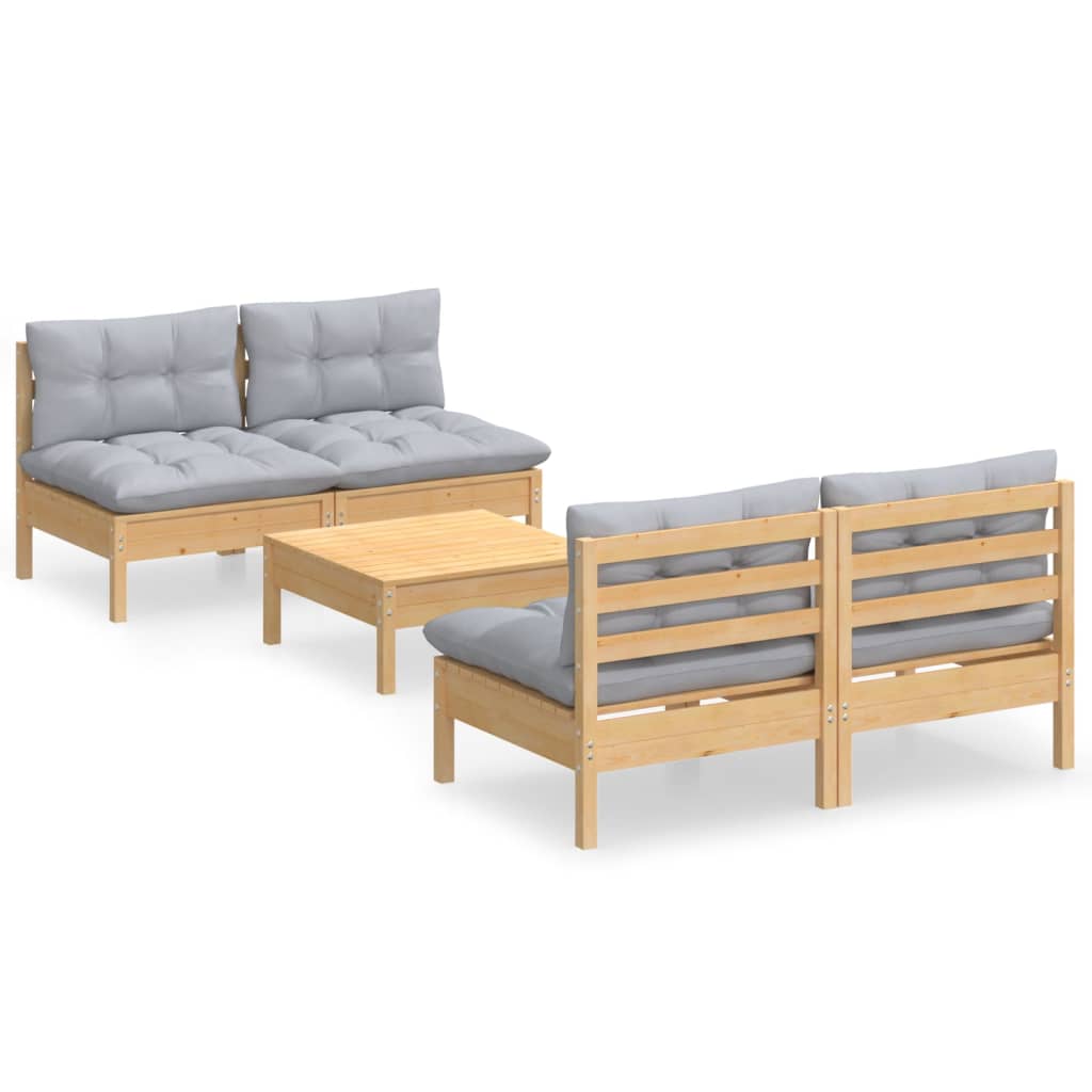 Set Divani da Giardino 5 pz con Cuscini Grigi Massello di Pino