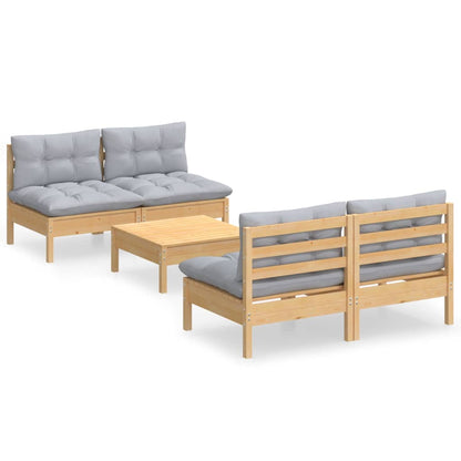 Set Divani da Giardino 5 pz con Cuscini Grigi Massello di Pino