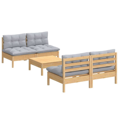 Set Divani da Giardino 5 pz con Cuscini Grigi Massello di Pino