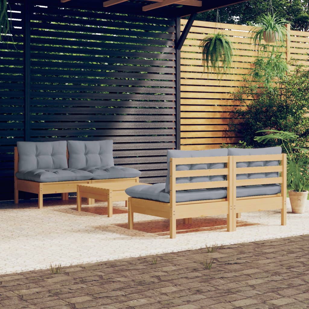 Set Divani da Giardino 5 pz con Cuscini Grigi Massello di Pino