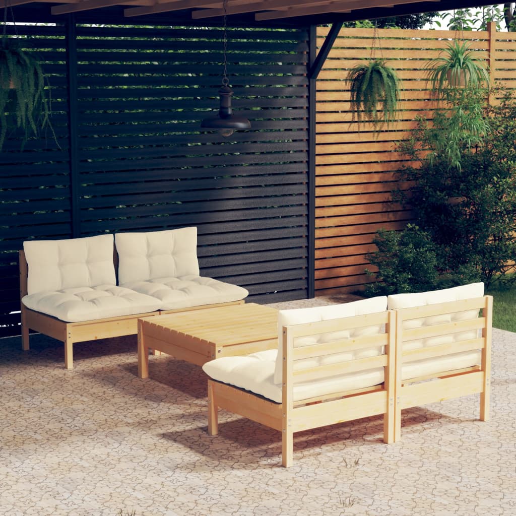 Set Salotto da Giardino 5pz con Cuscini Crema in Legno di Pino