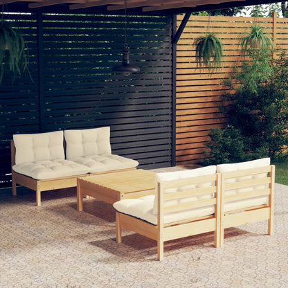 Set Salotto da Giardino 5pz con Cuscini Crema in Legno di Pino