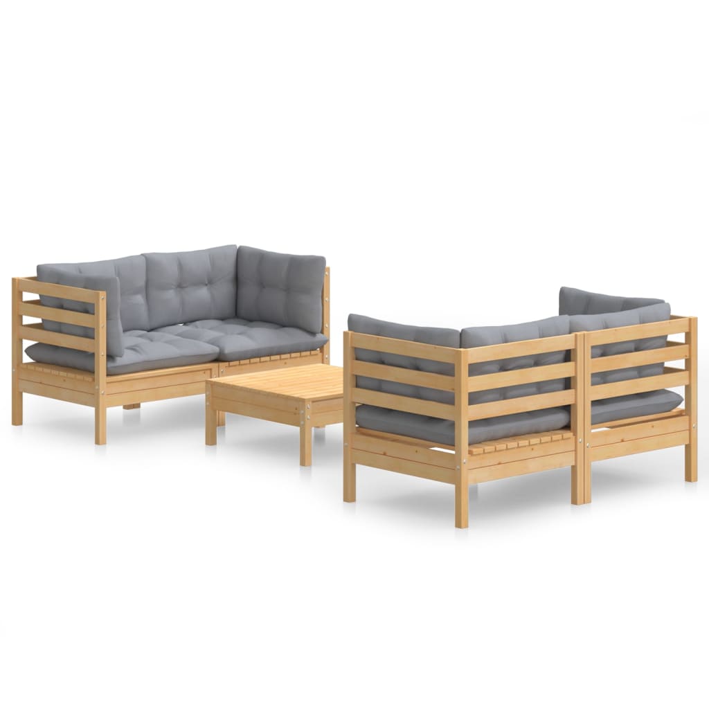 Set Divani da Giardino 5 pz con Cuscini Grigi Massello di Pino