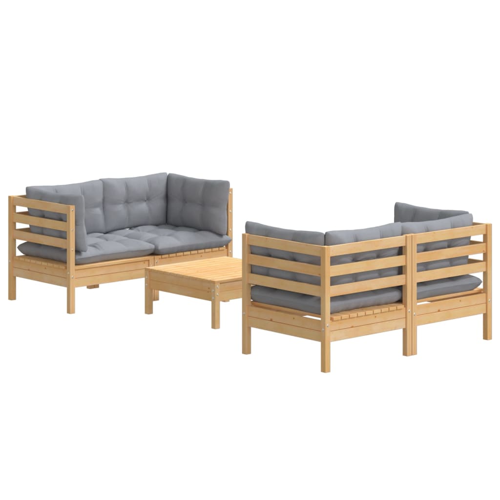 Set Divani da Giardino 5 pz con Cuscini Grigi Massello di Pino