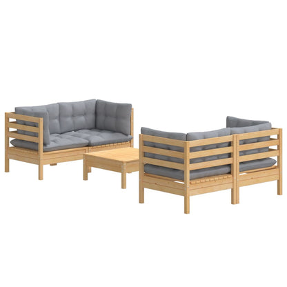 Set Divani da Giardino 5 pz con Cuscini Grigi Massello di Pino
