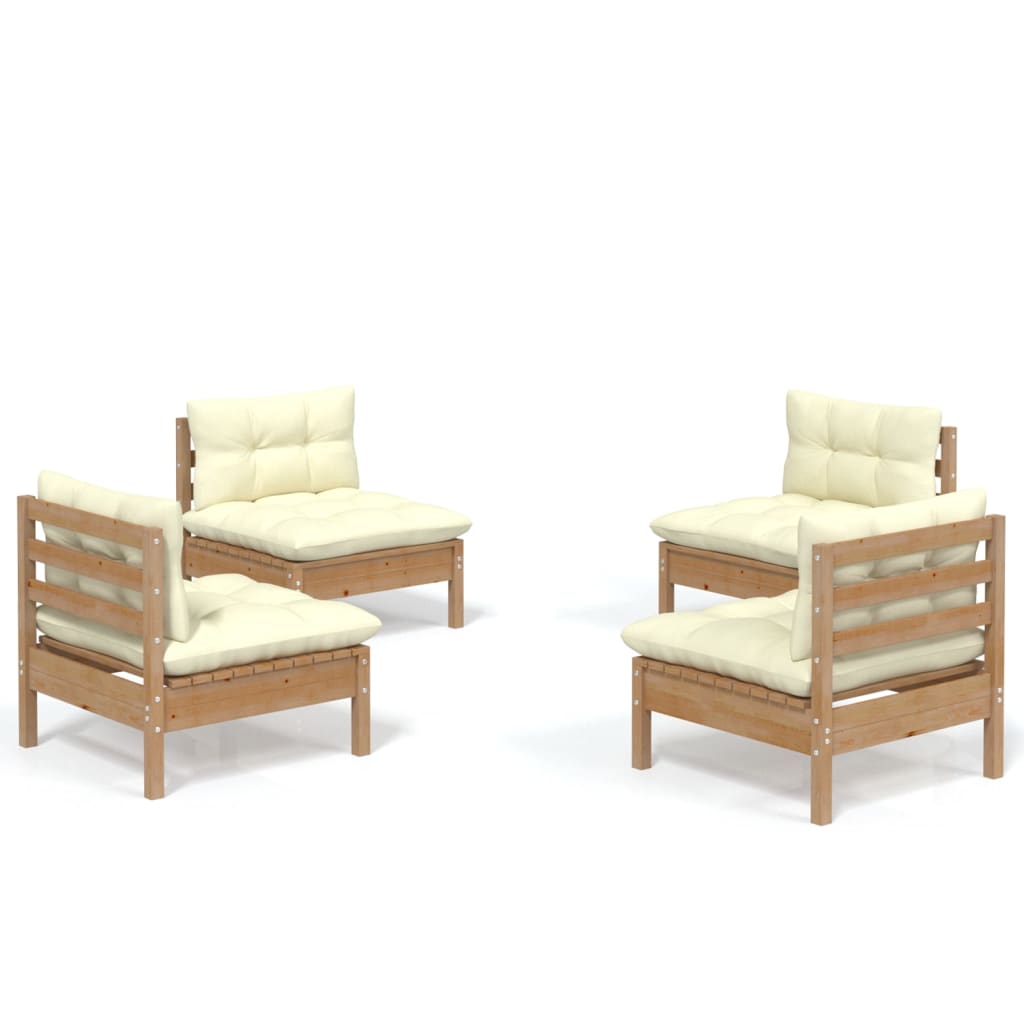 Set Salotto da Giardino 4 pz con Cuscini Crema in Legno di Pino