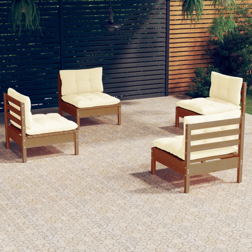 Set Salotto da Giardino 4 pz con Cuscini Crema in Legno di Pino