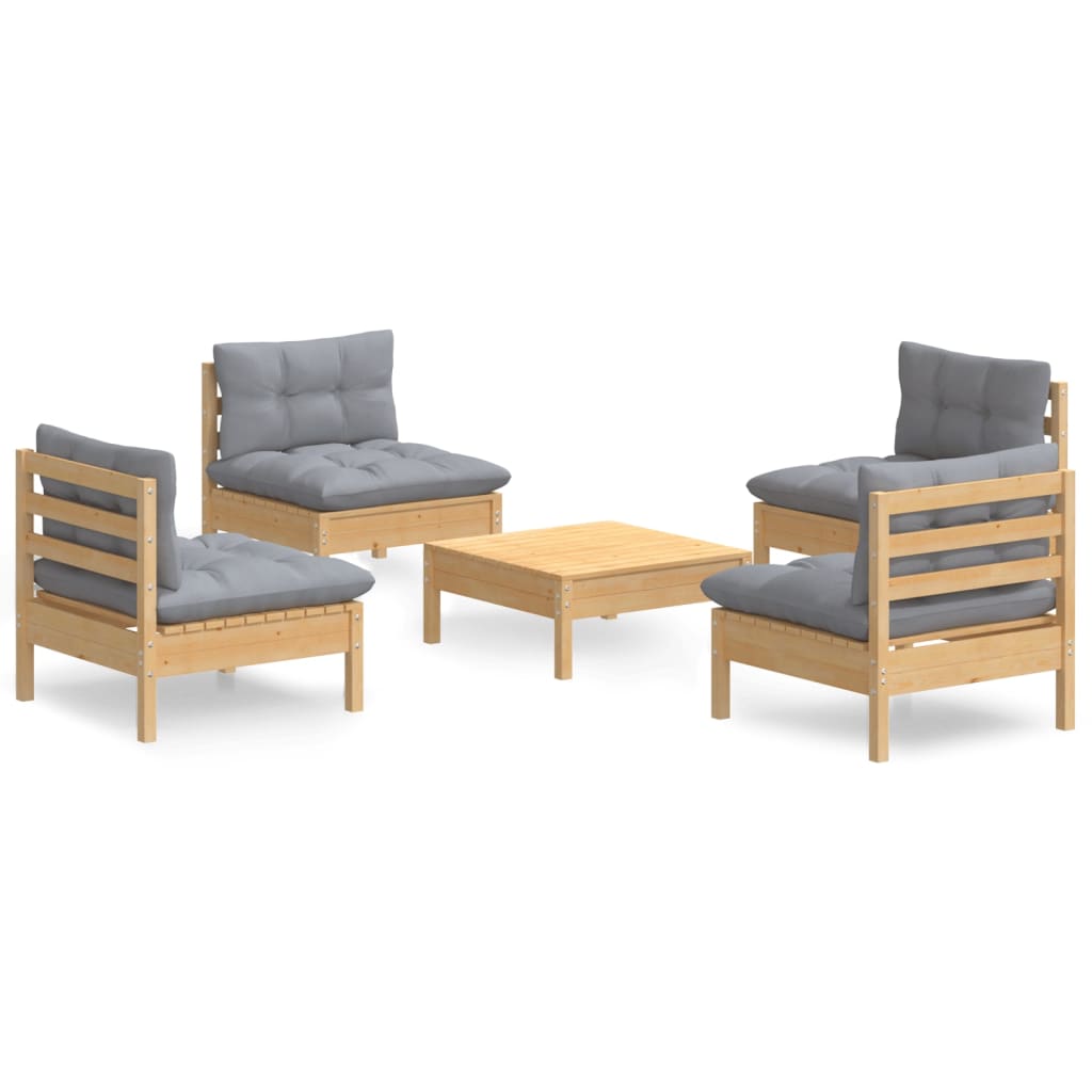 Set Divani da Giardino 5 pz con Cuscini Grigi Massello di Pino