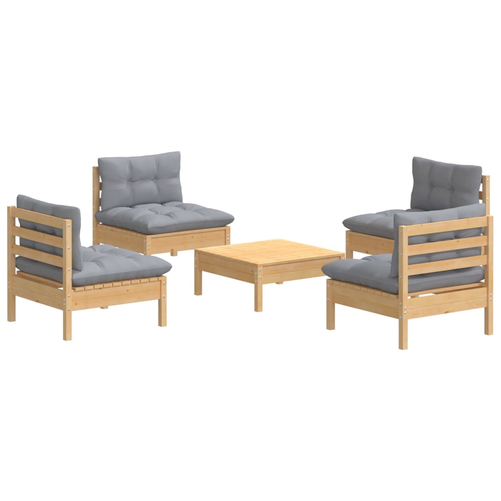 Set Divani da Giardino 5 pz con Cuscini Grigi Massello di Pino