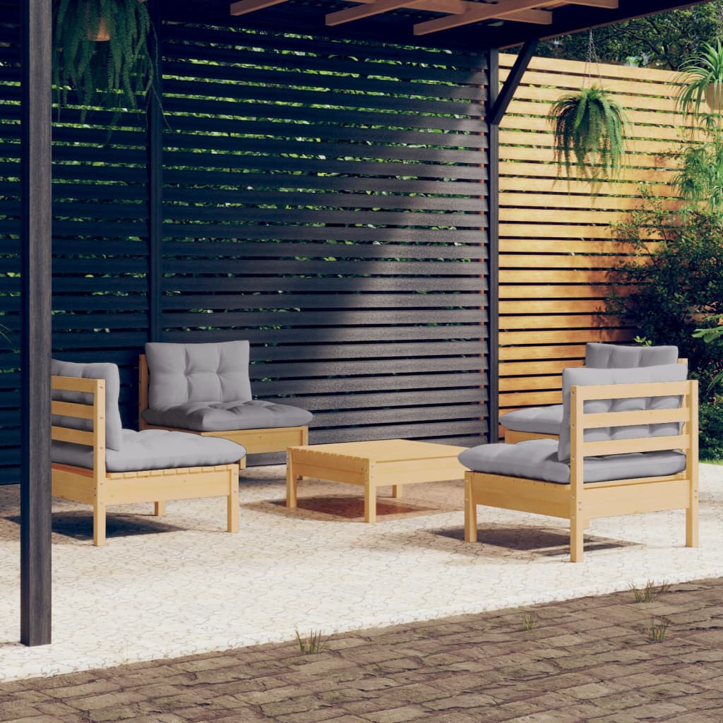Set Divani da Giardino 5 pz con Cuscini Grigi Massello di Pino