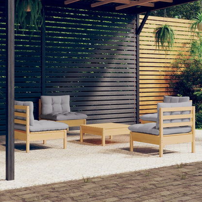 Set Divani da Giardino 5 pz con Cuscini Grigi Massello di Pino