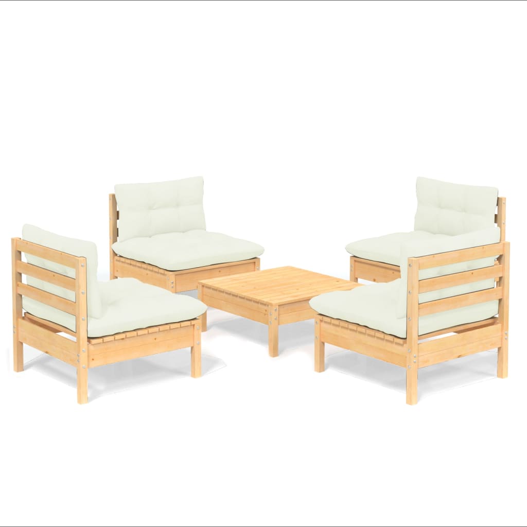Set Salotto da Giardino 5pz con Cuscini Crema in Legno di Pino