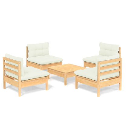 Set Salotto da Giardino 5pz con Cuscini Crema in Legno di Pino
